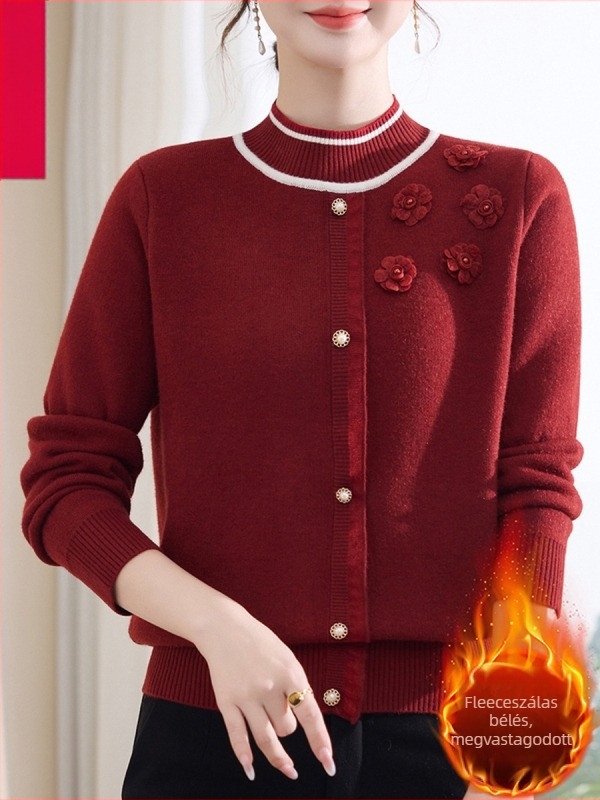 Fleece-béléssel ellátott kötött pulóver felső, félmagas gallér, hosszú, ujjú, laza szabás, normál hossz