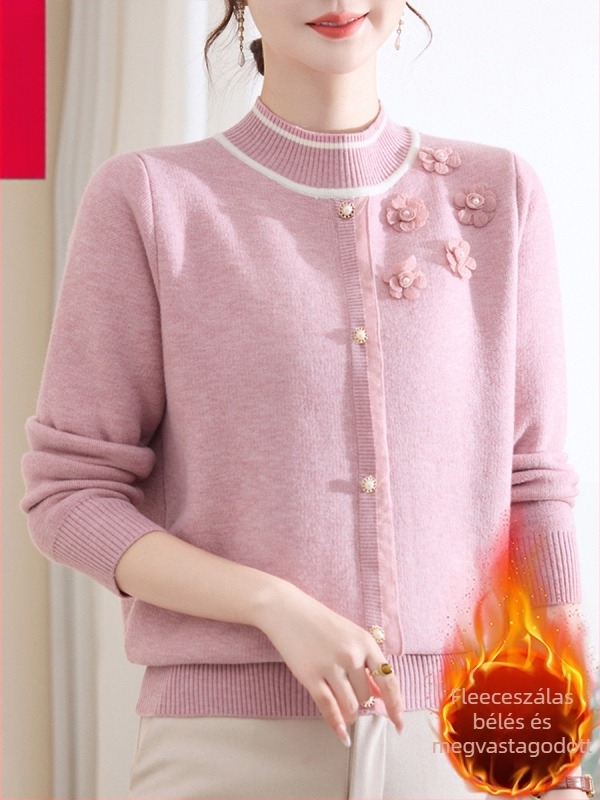 Fleece-béléssel ellátott kötött pulóver felső, félmagas gallér, hosszú, ujjú, laza szabás, normál hossz