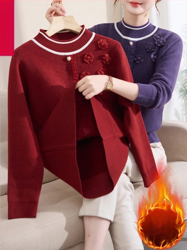 Fleece-béléssel ellátott kötött pulóver felső, félmagas gallér, hosszú, ujjú, laza szabás, normál hossz