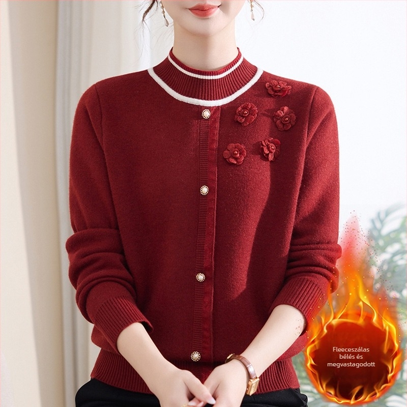Fleece-béléssel ellátott kötött pulóver felső, félmagas gallér, hosszú, ujjú, laza szabás, normál hossz