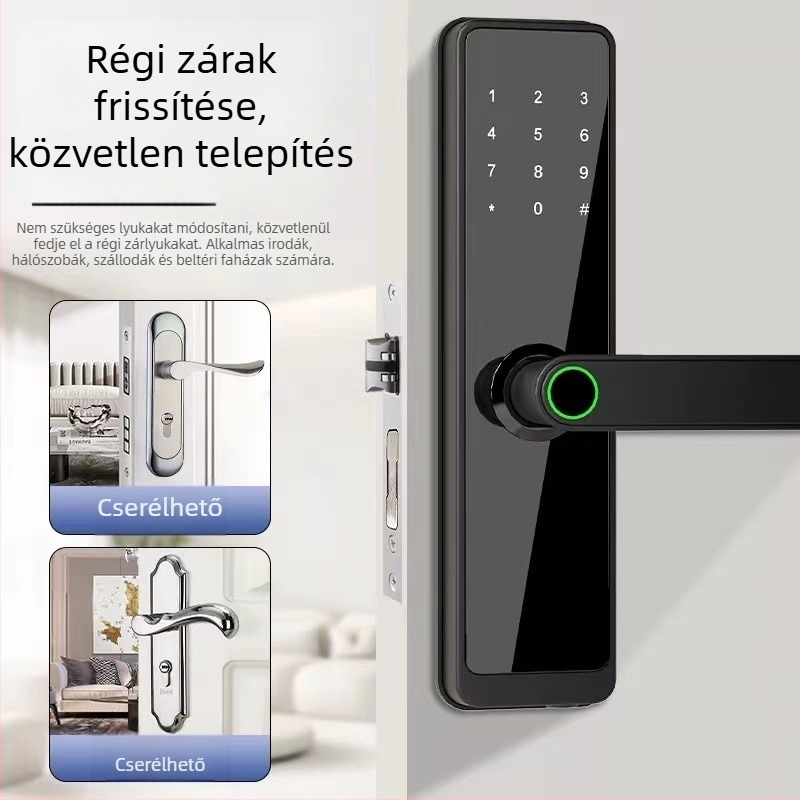 Fa ajtóhoz való ujjlenyomat- és jelszavas zár irodai és otthoni használatra, 40 ujjlenyomat tárolása, több mint 100000 zárnyitás, szkennelés <1 s, DC tápegység