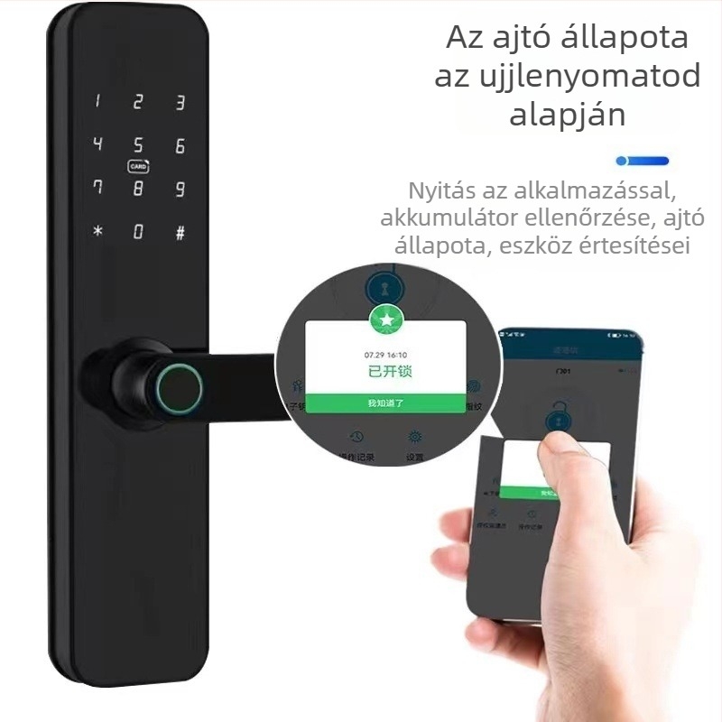Fa ajtóhoz való ujjlenyomat- és jelszavas zár irodai és otthoni használatra, 40 ujjlenyomat tárolása, több mint 100000 zárnyitás, szkennelés <1 s, DC tápegység