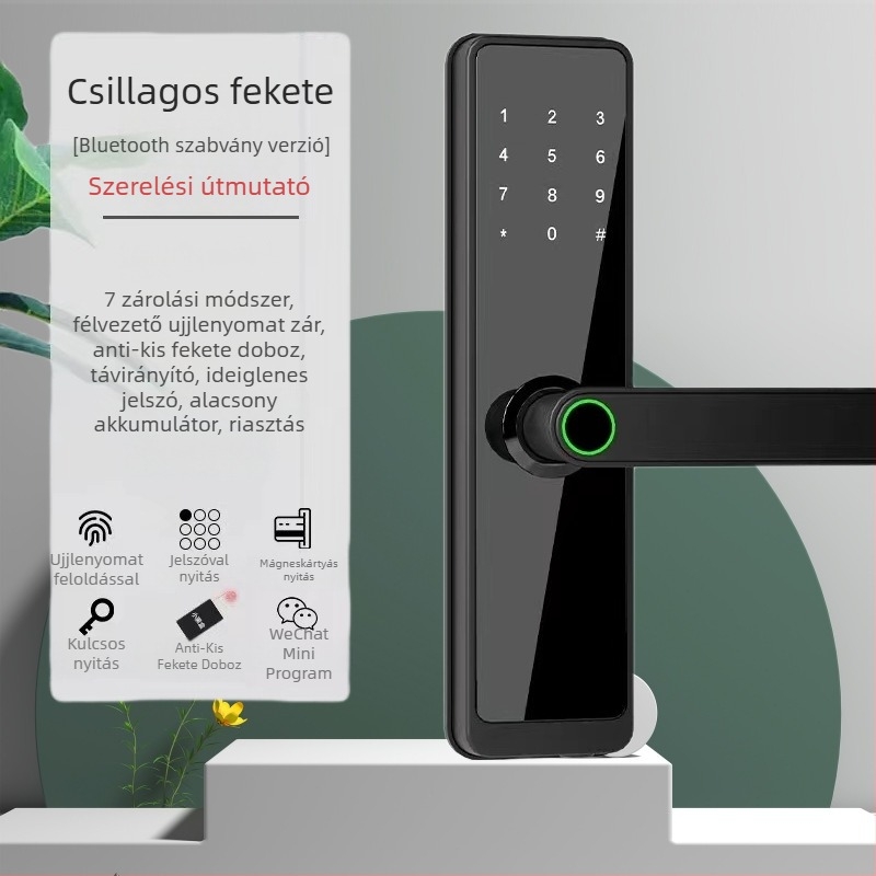 Fa ajtóhoz való ujjlenyomat- és jelszavas zár irodai és otthoni használatra, 40 ujjlenyomat tárolása, több mint 100000 zárnyitás, szkennelés <1 s, DC tápegység