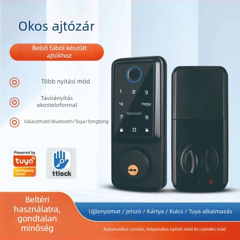 Intelligens zár ujjlenyomattal, kártya- és jelszavas hozzáféréssel fa ajtóhoz, modell A1 Locking, több mint 100000 nyitás, 0,1 s szkennelési idő, hamis felismerés <0,001%