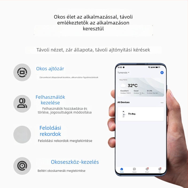 Intelligens zár ujjlenyomattal, kártya- és jelszavas hozzáféréssel fa ajtóhoz, modell A1 Locking, több mint 100000 nyitás, 0,1 s szkennelési idő, hamis felismerés <0,001%