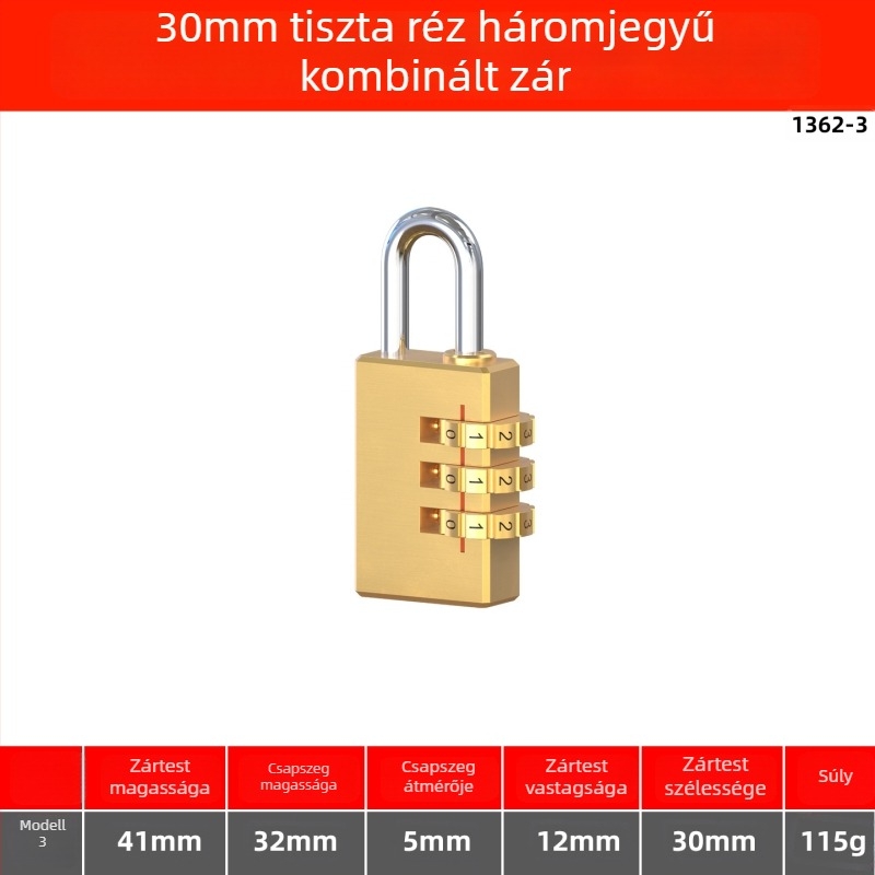 Tiszta rézből készült kombinációs zár otthoni tárolókhoz és poggyászhoz, sárgaréz biztonsági lakat, vízálló mini zár
