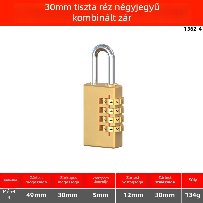 Tiszta rézből készült kombinációs zár otthoni tárolókhoz és poggyászhoz, sárgaréz biztonsági lakat, vízálló mini zár