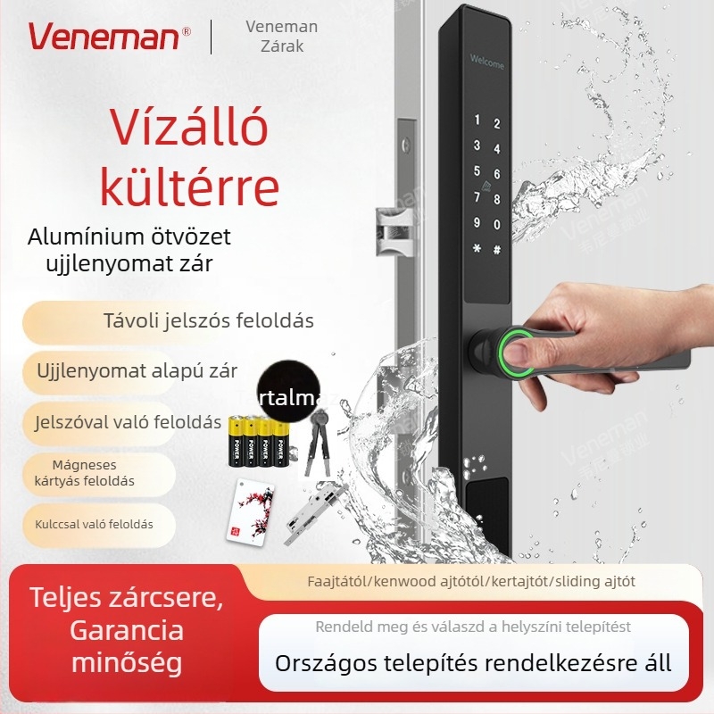 Kültéri vízálló okos zár ujjlenyomat és jelszóval – A2 modell, 100 tárolt ujjlenyomat, >2000 nyitás, beolvasás <0,5 s, -25°C-tól 70°C-ig, 93% páratartalom