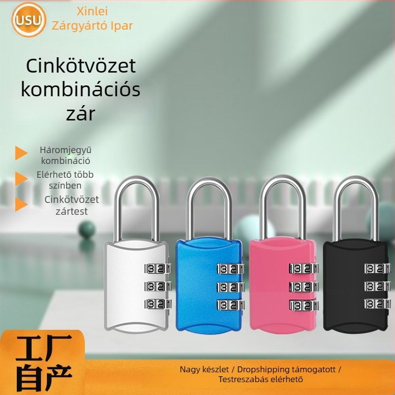 3 számjegyű fém zár poggyászhoz, hátizsákomhoz, szekrényhez és tárolóhoz — cinkötvözet, modell SW8315, numerikus kombináció, záró rúd 3 mm