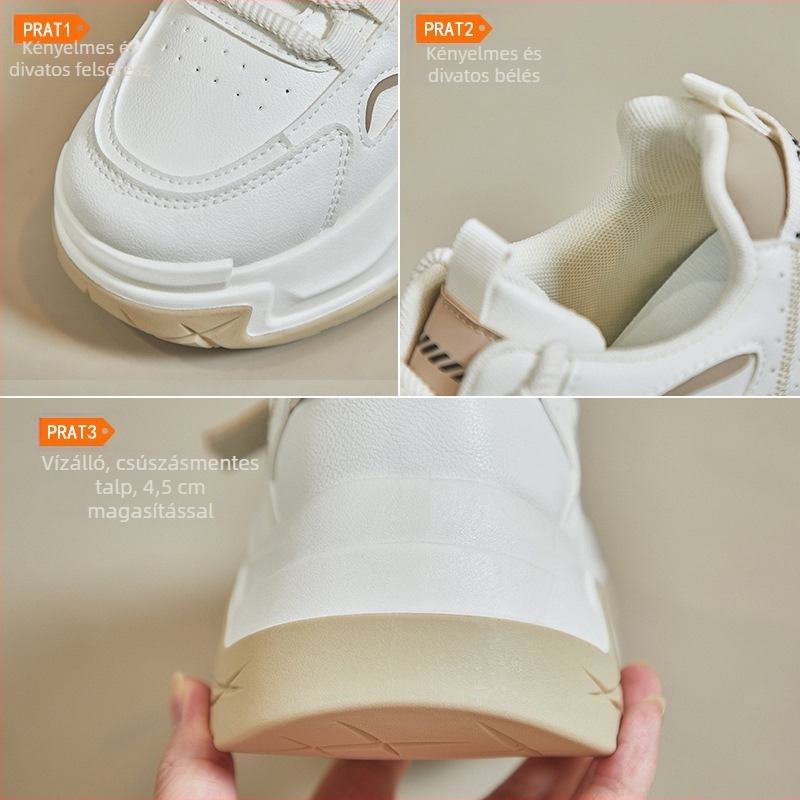 Koreai stílusú vastag talpú sportcipő, PU felsőrész, magas bokavágás (3–7 cm), sarokmagasság 3–5 cm, gumitalp, belső hálós anyag