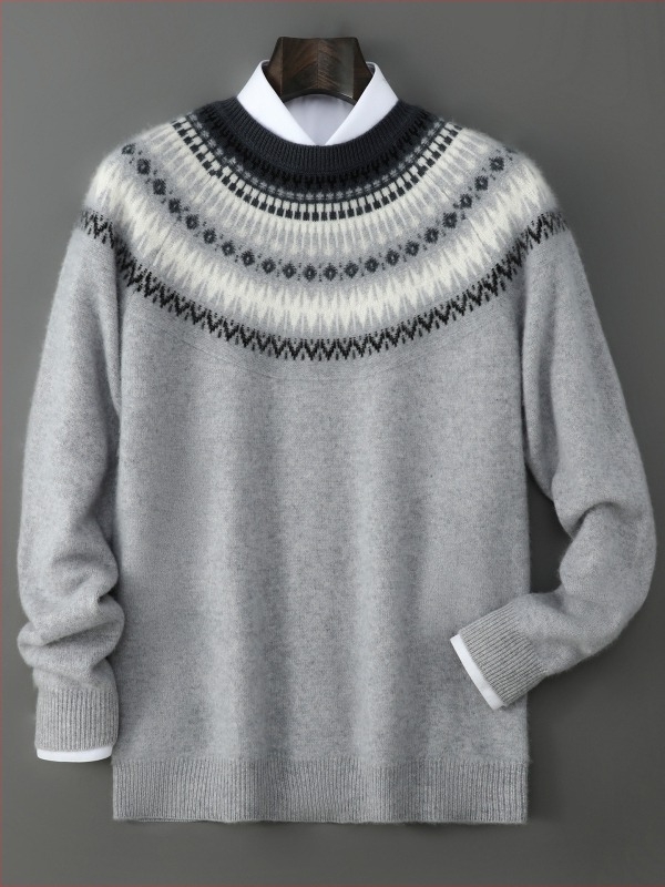 Férfi pulóver – 100% gyapjú, fél-nyakú gallér, jacquard mintás, vintage stílus, vastag kötés