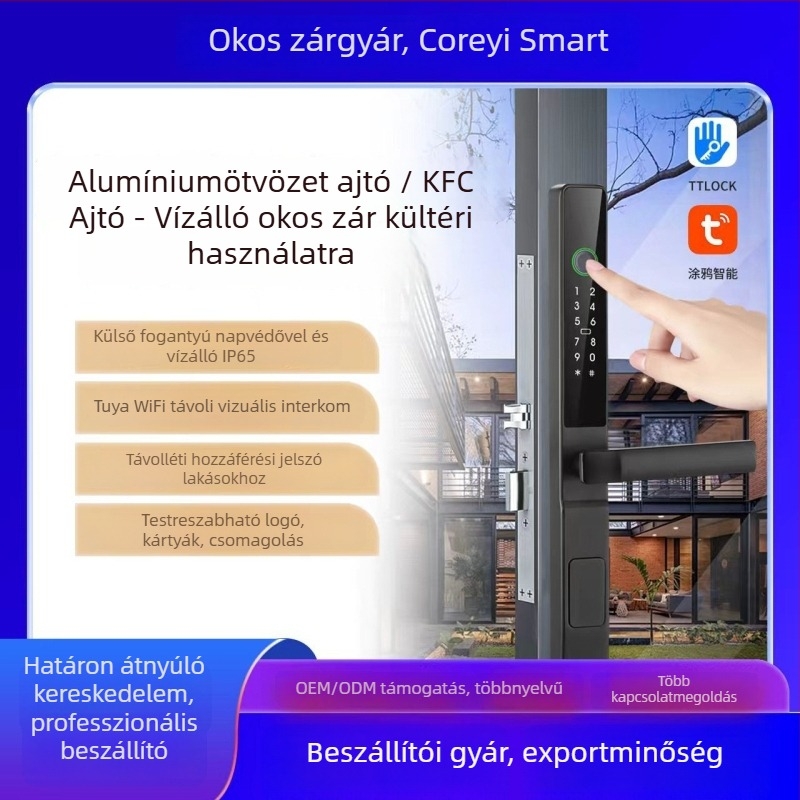 Vízálló ujjlenyomat-zár alumínium tolóajtókhoz, keskeny él, látónyílás