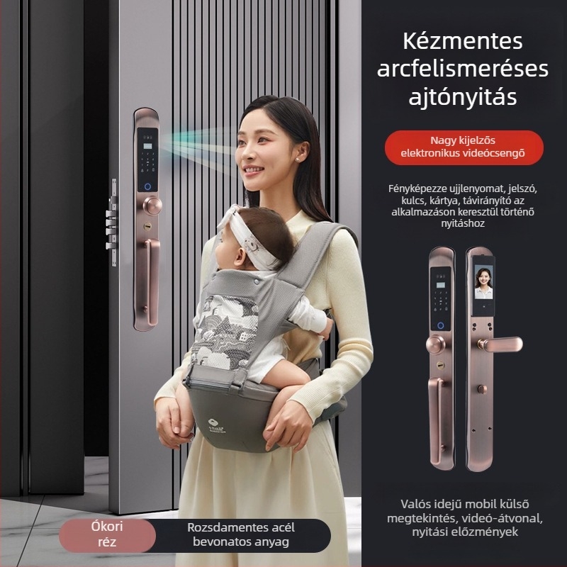 Okos ajtózár 3D arcfelismeréssel és ujjlenyomattal; 100 ujjlenyomat tárolás; 200000 nyitás; 0,01 s szkennelés; 0,01% FAR; 0,01% FRR