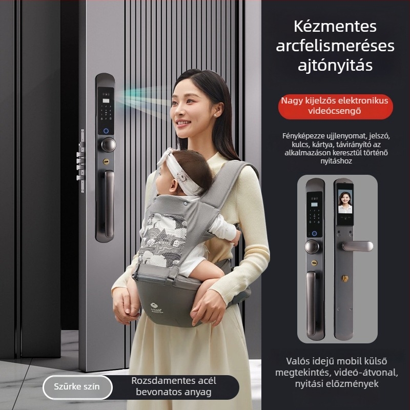 Okos ajtózár 3D arcfelismeréssel és ujjlenyomattal; 100 ujjlenyomat tárolás; 200000 nyitás; 0,01 s szkennelés; 0,01% FAR; 0,01% FRR