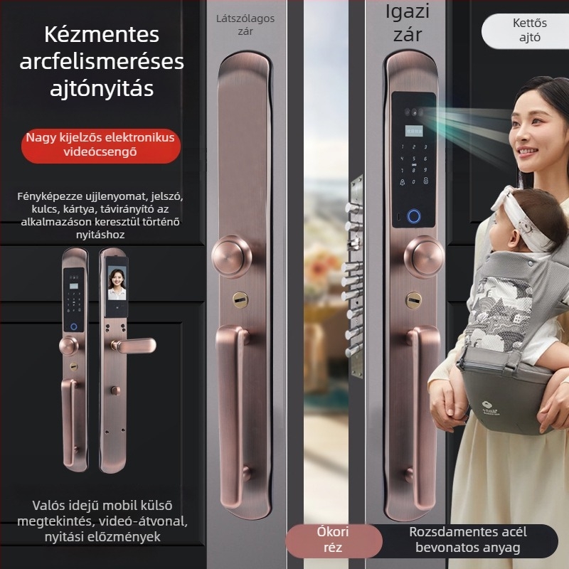 Okos ajtózár 3D arcfelismeréssel és ujjlenyomattal; 100 ujjlenyomat tárolás; 200000 nyitás; 0,01 s szkennelés; 0,01% FAR; 0,01% FRR