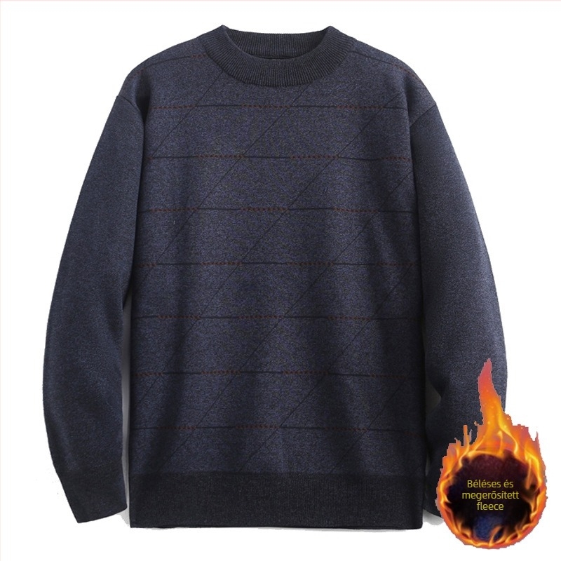 Férfi kereknyakú fleece belsővel bélelt kötött pulóver, bő szabás, hosszú ujjú, téli darab