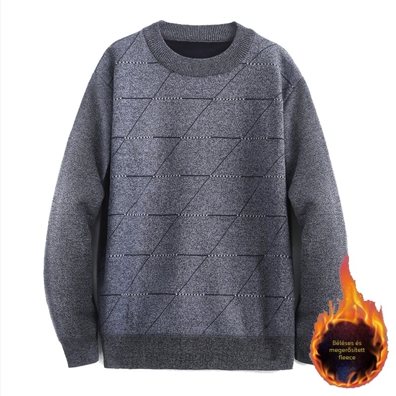 Férfi kereknyakú fleece belsővel bélelt kötött pulóver, bő szabás, hosszú ujjú, téli darab