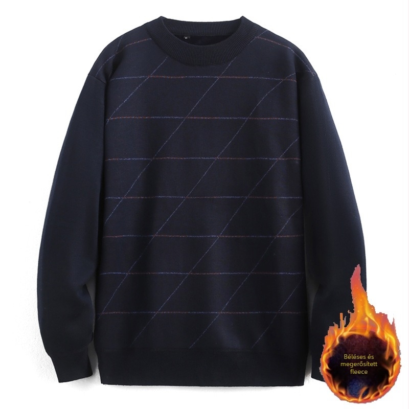 Férfi kereknyakú fleece belsővel bélelt kötött pulóver, bő szabás, hosszú ujjú, téli darab