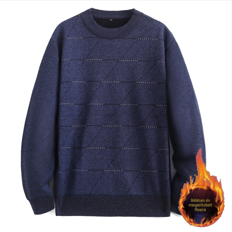 Férfi kereknyakú fleece belsővel bélelt kötött pulóver, bő szabás, hosszú ujjú, téli darab