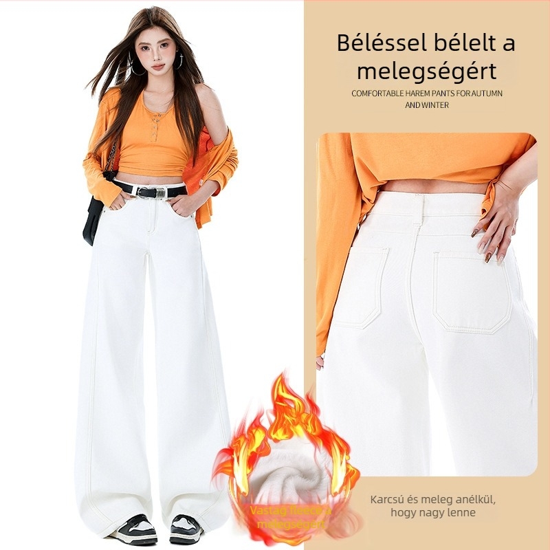 Női farmernadrág széles szára denim pamutból, ultra alacsony derekú, középhosszú, fleece-béléssel