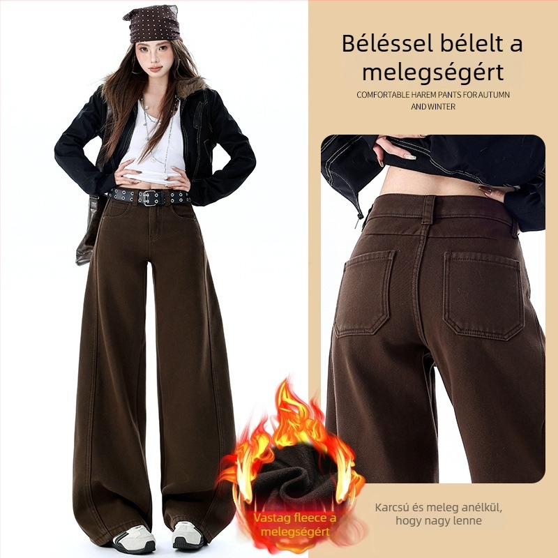 Női farmernadrág széles szára denim pamutból, ultra alacsony derekú, középhosszú, fleece-béléssel