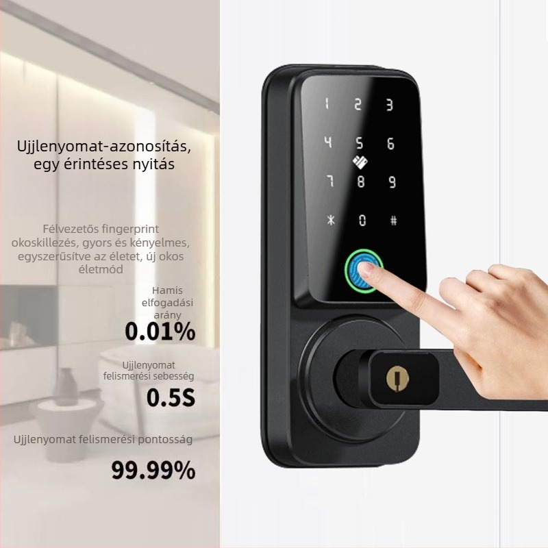 Ujjlenyomat-olvasós intelligens zár otthonra, szállodába és apartmanhoz – hozzáférés jelszóval, kártyával és kulccsal; 100 ujjlenyomat-tárolás, >6000 nyitás, 0,5 s beolvasási idő, -20°C-tól 70°C-ig