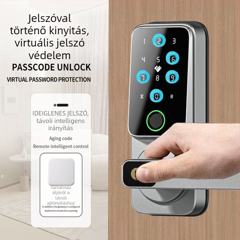 Ujjlenyomat-olvasós intelligens zár otthonra, szállodába és apartmanhoz – hozzáférés jelszóval, kártyával és kulccsal; 100 ujjlenyomat-tárolás, >6000 nyitás, 0,5 s beolvasási idő, -20°C-tól 70°C-ig