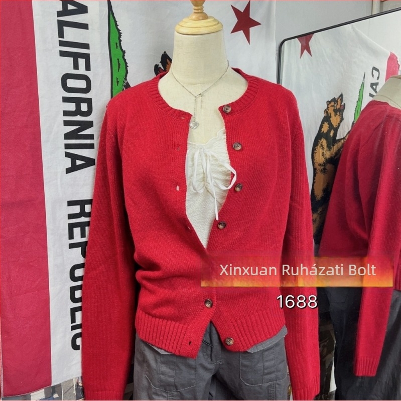 Női pamut kardigán pulóver, kerek nyakú, hosszú ujjú, preppy stílus, pamutkeverék 30-50%, 2024 ősz