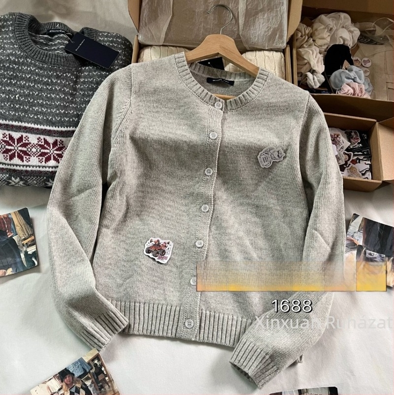 Női pamut kardigán pulóver, kerek nyakú, hosszú ujjú, preppy stílus, pamutkeverék 30-50%, 2024 ősz