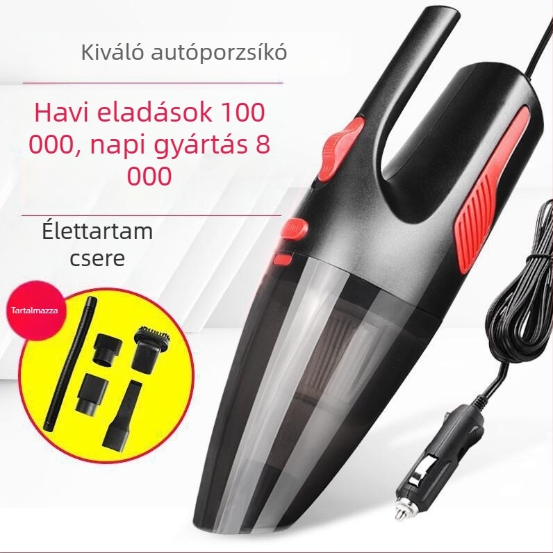 Hordozható autós porszívó nedves- és száraz tisztításhoz, erős teljesítmény, 120W, szívás 20000 Pa, 200 cm hosszú kábel, 12V cigarettagyújtó tápellátás, autóhoz és otthonhoz