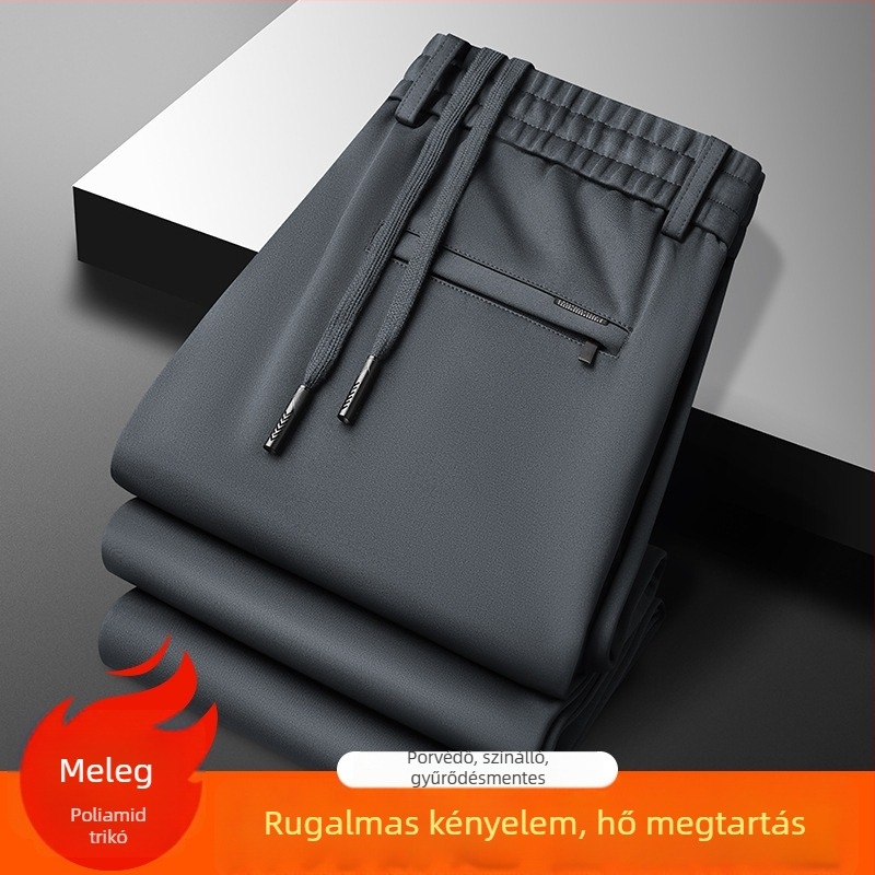 Férfiaknak elasztikus derekú casual nadrág, őszi–téli, laza szabás, egyenes szár, hosszú, gyűrődésálló anyag