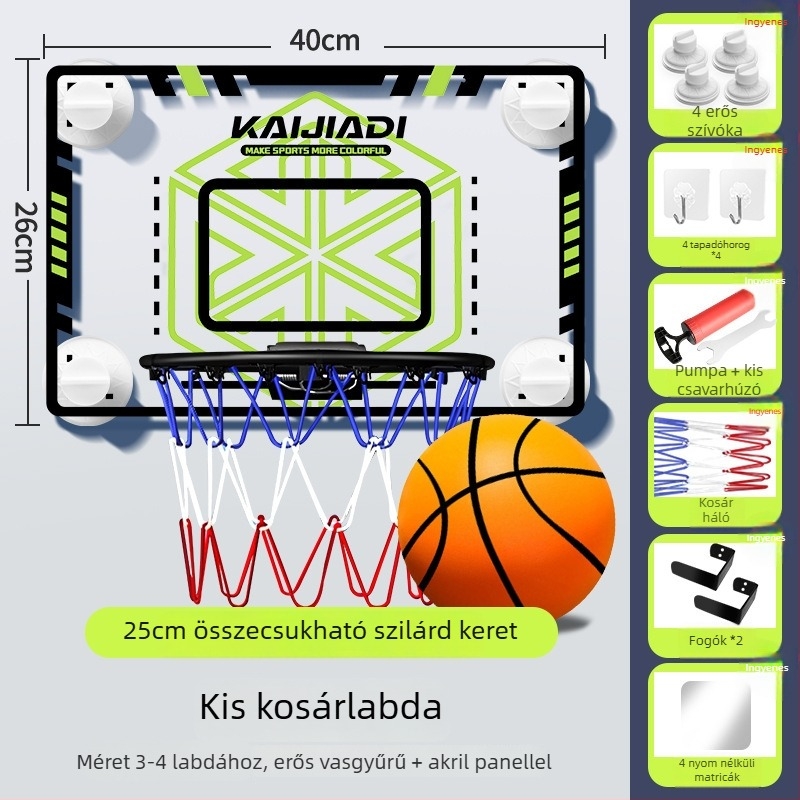 Gyerekeknek szóló falra szerelt kosárlabda gyűrű táblával – fúrás nélkül, PVC, 0,5–3 kg, beltéri és kültéri használat, csendes