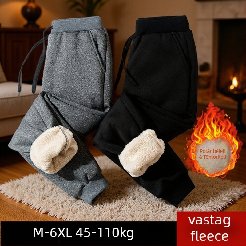 Férfi casual nadrág fleece béléssel, koreai stílus, egyenes szabás, cropped hossz, középső derék, elasztikus poliészter