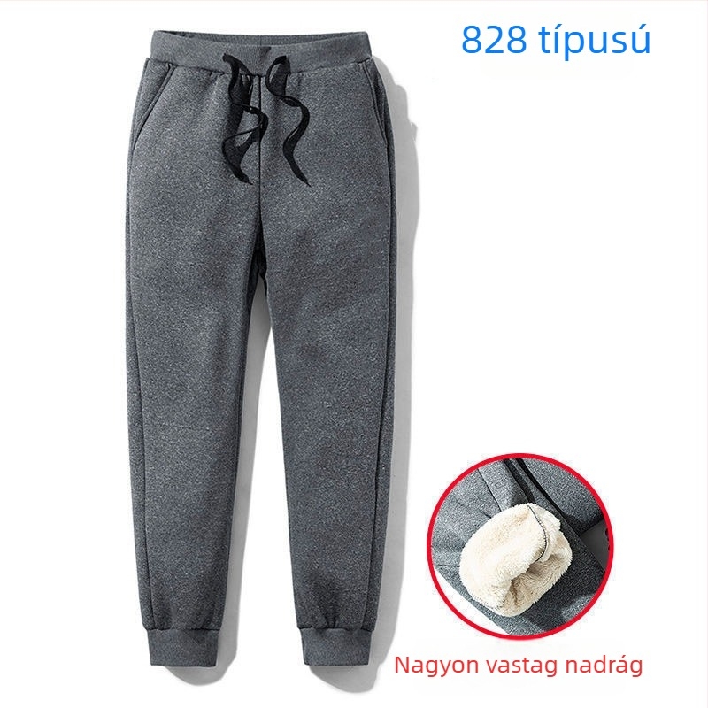 Férfi casual nadrág fleece béléssel, koreai stílus, egyenes szabás, cropped hossz, középső derék, elasztikus poliészter
