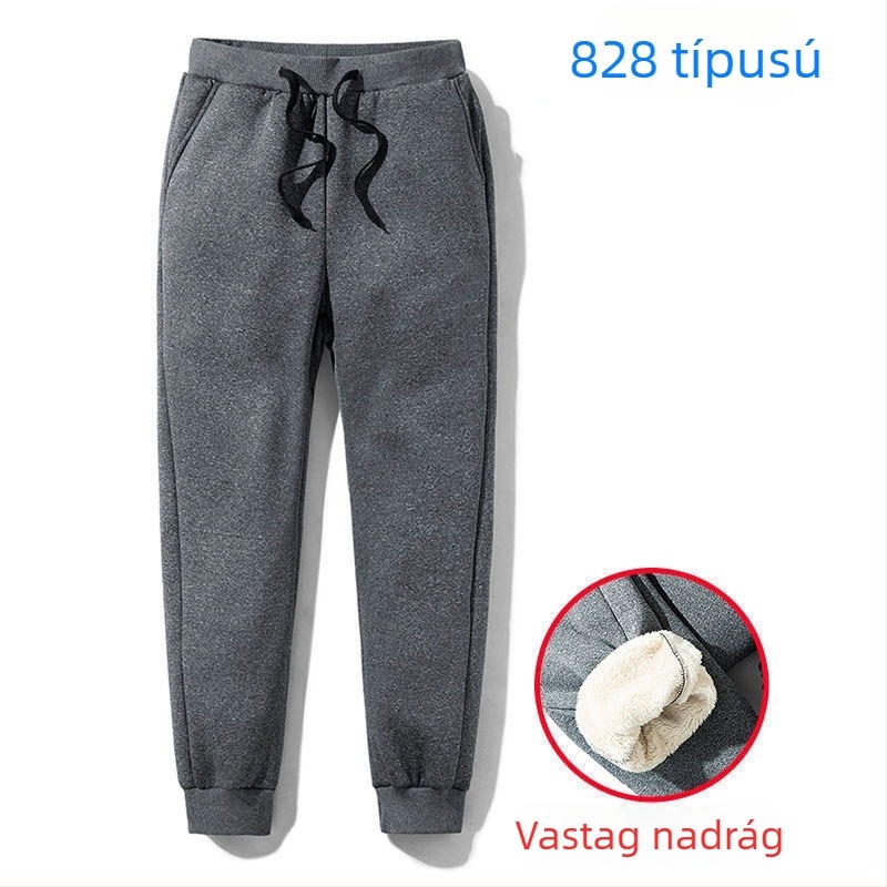 Férfi casual nadrág fleece béléssel, koreai stílus, egyenes szabás, cropped hossz, középső derék, elasztikus poliészter