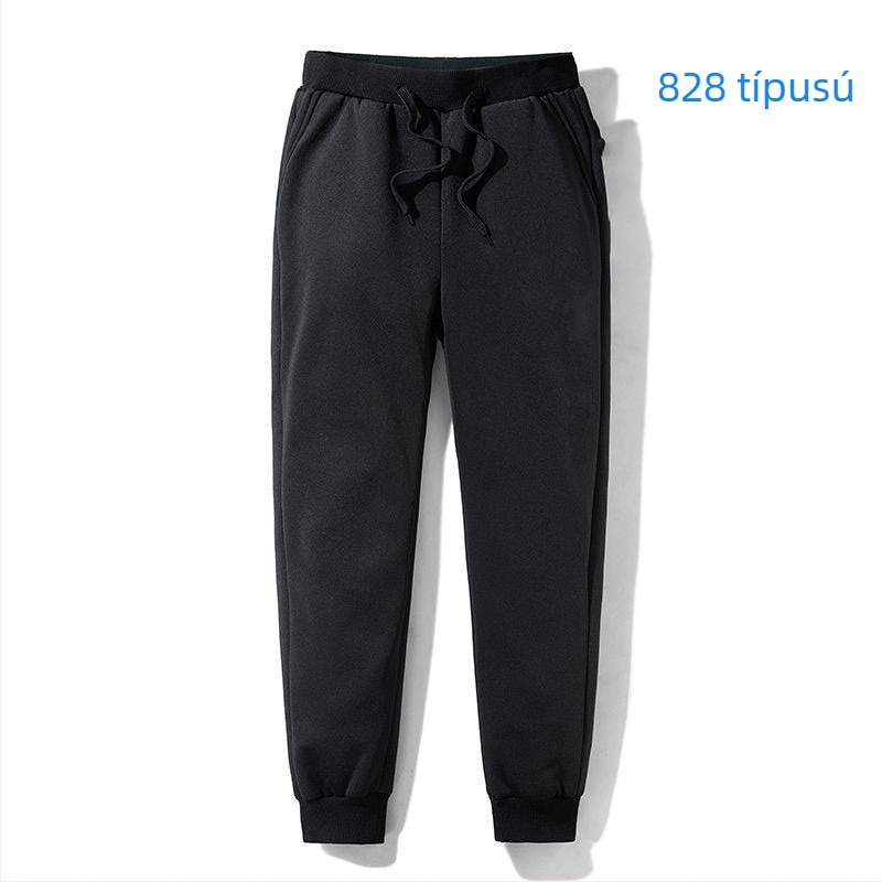 Férfi casual nadrág fleece béléssel, koreai stílus, egyenes szabás, cropped hossz, középső derék, elasztikus poliészter