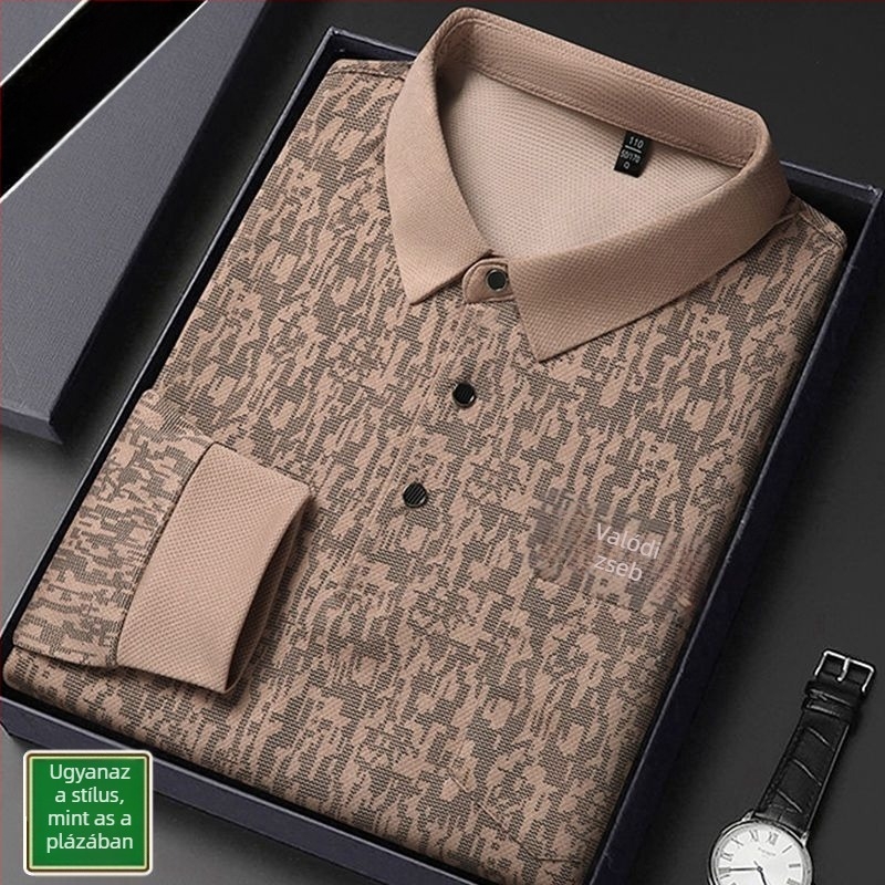 Beijiang Wolf férfi polo póló, hosszú ujjú, laza szabású, csíkos mintázat, rayon anyag