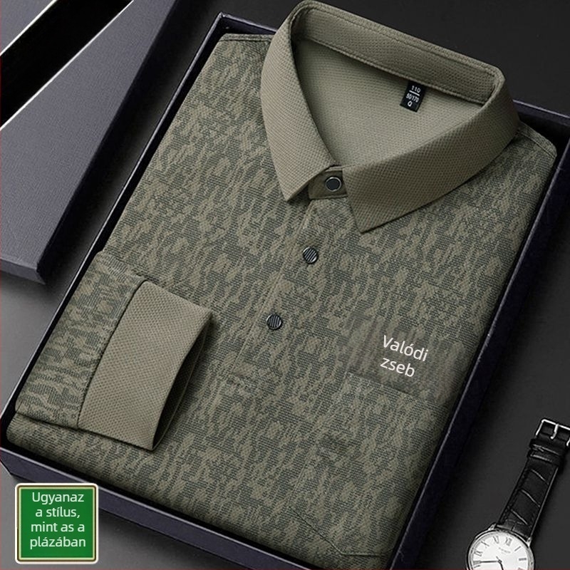 Beijiang Wolf férfi polo póló, hosszú ujjú, laza szabású, csíkos mintázat, rayon anyag