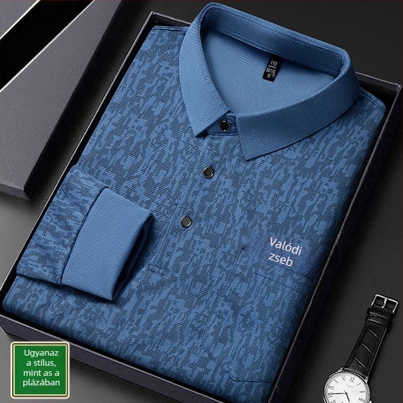 Beijiang Wolf férfi polo póló, hosszú ujjú, laza szabású, csíkos mintázat, rayon anyag