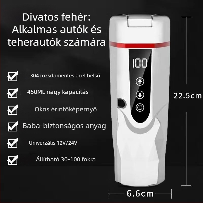 Autóban használható melegítő pohár 12V/24V, ABS, 65–95W, Modell JZ-6581
