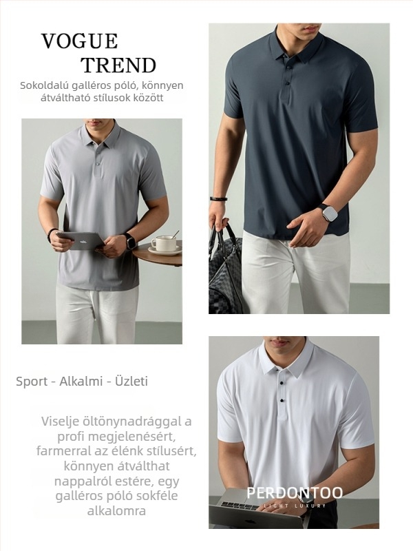 Férfi polo ing – üzleti-casual stílus, nyárra, könnyű, lélegző, gyorsan száradó, egyszínű, hűtő technológia és UV védelem