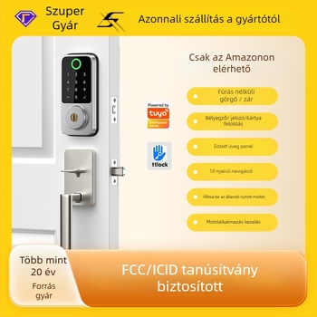 WiFi intelligens zár beltéri fa ajtókhoz — fúrás nélküli telepítés; 4 feloldási mód: ujjlenyomat, jelszó, kártya, kulcs; ujjlenyomat olvasás 0.05 s; 100 ujjlenyomat tárolása; test: alumínium ötvözet