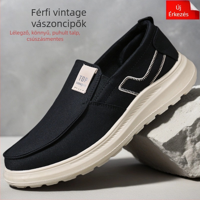 Old Beijing férfi vászon slip-on cipő – mindennapi használatra, kerek orr, alacsony sarok 1–3 cm, pamut belső talp, PU talp