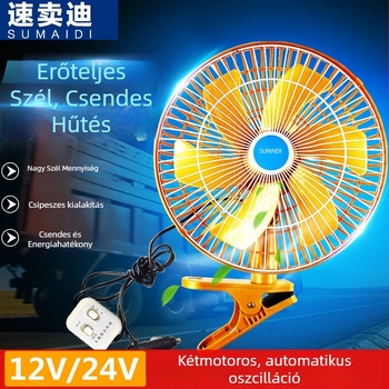 Autóba szerelhető ventilátor forgó fejjel, 12V/24V, 25–80W, műanyag
