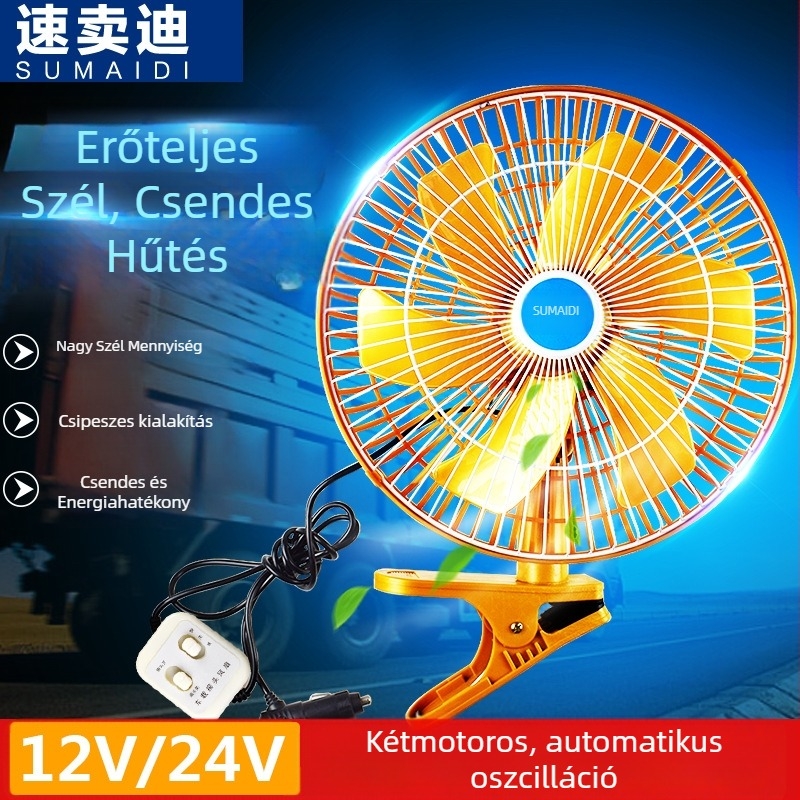 Autóba szerelhető ventilátor forgó fejjel, 12V/24V, 25–80W, műanyag