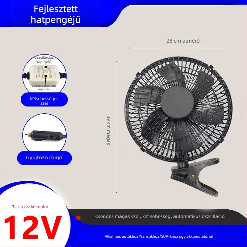 Autóba szerelhető ventilátor forgó fejjel, 12V/24V, 25–80W, műanyag