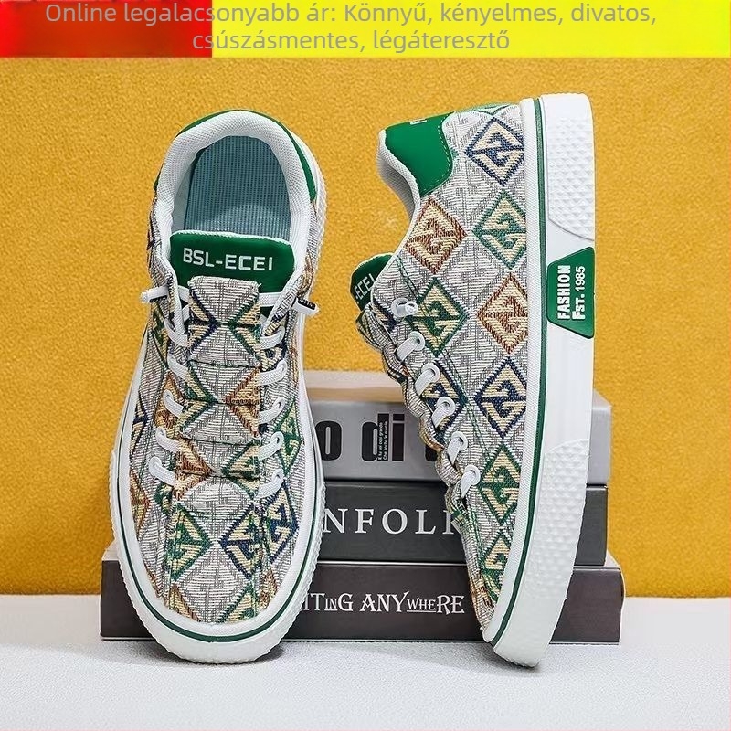 Férfi slip-on tornacipő, szintetikus bőr felsőrész, csíkos mintázat, nyárra, PVC talp