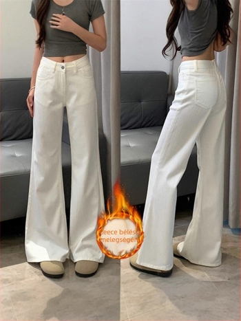 Fehér női bootcut farmer nadrág fleece-sel bélelt, őszi–téli, alacsony derekú, laza szabású, kis méretűeknek