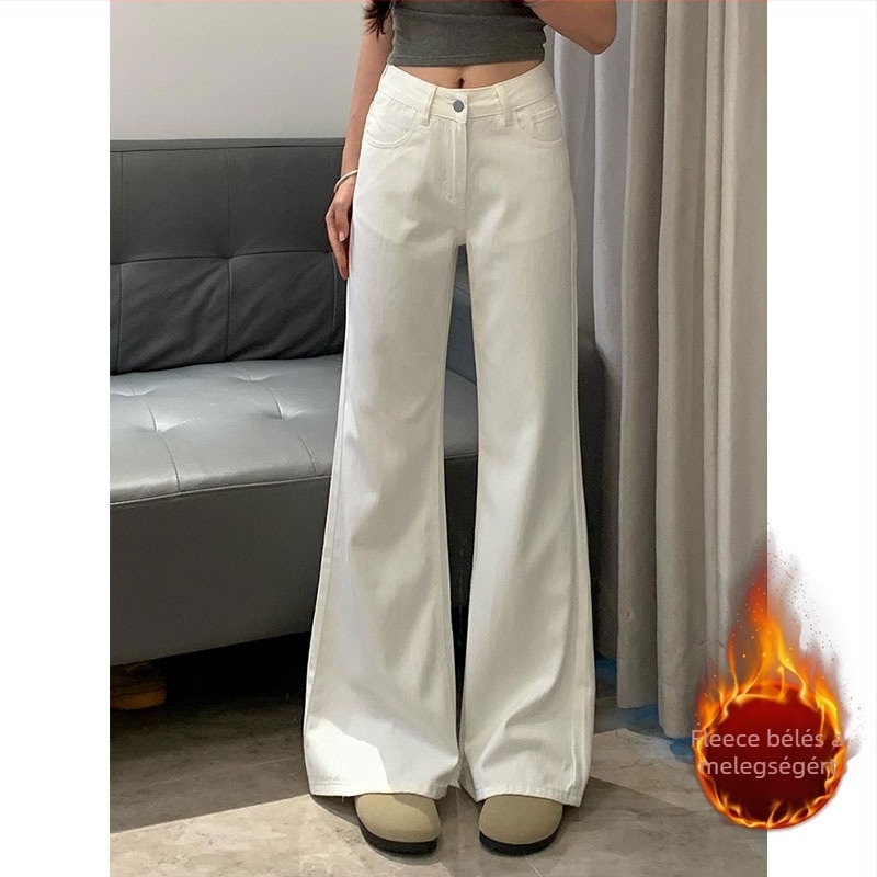 Fehér női bootcut farmer nadrág fleece-sel bélelt, őszi–téli, alacsony derekú, laza szabású, kis méretűeknek