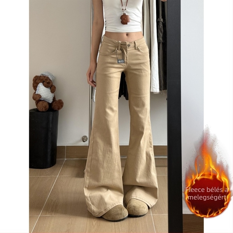 Fehér női bootcut farmer nadrág fleece-sel bélelt, őszi–téli, alacsony derekú, laza szabású, kis méretűeknek